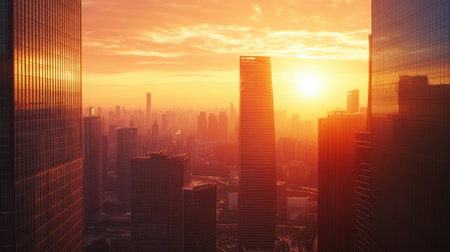 Captivating sunset casts vibrant hues over the Lujiazui skyline in Shanghai, showcasing modern architecture and a tranquil urban atmosphere.の素材