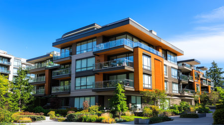 This modern and vibrant apartment building showcases contemporary architecture surrounded by lush greenery, creating a peaceful urban environment ideal for modern living.の素材