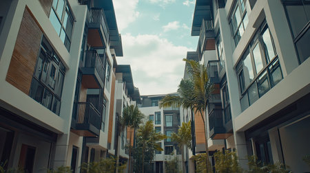 A modern urban residential complex featuring contemporary architecture with balconies and palm trees, set against a bright sky, promoting a serene lifestyle.の素材