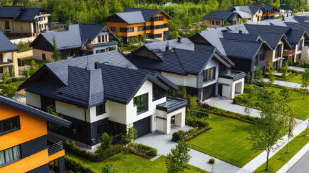 Stunning aerial view of a modern housing development showcasing contemporary architecture, well-maintained gardens, and organized layouts in a serene environment.の素材
