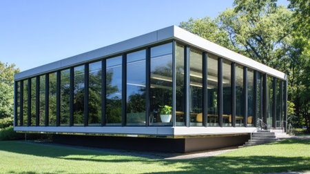 Discover a vintage 1960s office building featuring a stunning modern design with expansive glass windows, ideal for creative and professional spaces.の素材