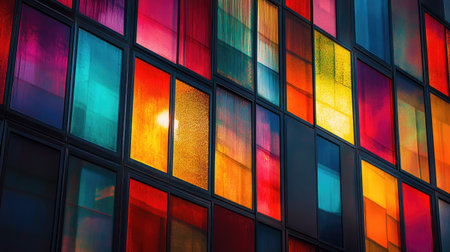 A striking abstract representation of colorful windows in a modern architectural setting, showcasing vibrant hues and captivating patterns that play with light.の素材