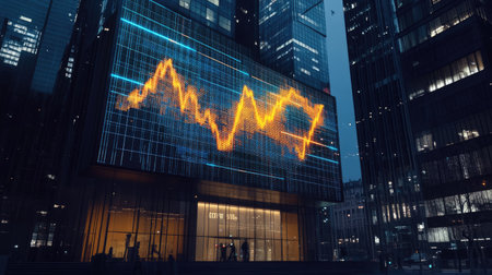 A captivating cityscape at night featuring a virtual financial growth graph displayed on a modern building, highlighting data analysis and market trends.の素材