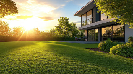 Discover a modern architectural design set in a lush green landscape at sunset. This image captures the essence of tranquility and contemporary living.の素材