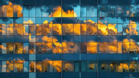 Captivating view of cloud reflections in the windows of a tall building, showcasing a stunning sunset with vivid colors and serene ambiance.の素材