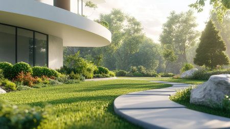 Modern villa featuring clean architecture set in a serene garden. The image showcases a winding pathway surrounded by lush greenery and sunlight, embodying tranquility and aesthetic beauty.の素材
