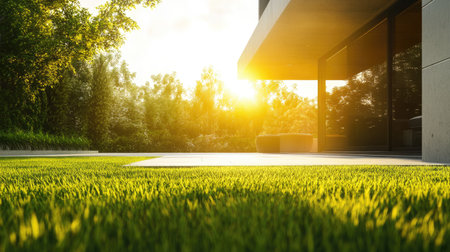 A sleek modern homescape bathed in warm daylight, showcasing lush green grass and elegant architecture. Ideal for design and nature enthusiasts.の素材