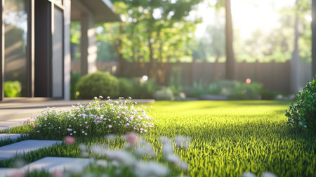 This image showcases a contemporary villa landscape featuring a clean, lush green lawn adorned with flowers, perfectly illuminated by soft sunlight. Ideal for serene architectural themes.の素材