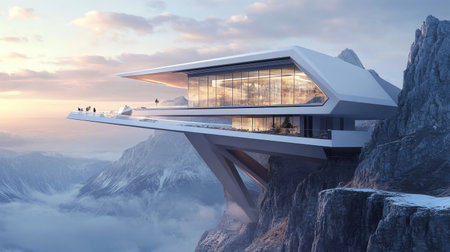 Discover an elegant luxury house perched dramatically on a mountain edge, showcasing modern architecture and breathtaking views of the surrounding landscape.の素材