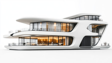 A stunning futuristic minimalist home design featuring sleek lines and expansive glass surfaces. This architectural masterpiece merges luxury and comfort in a modern style.の素材