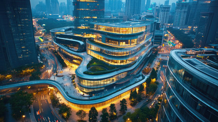 Captivating view of modern architecture in Pudong district, Shanghai. This vibrant urban scene showcases stunning buildings and dynamic nightlife.の素材