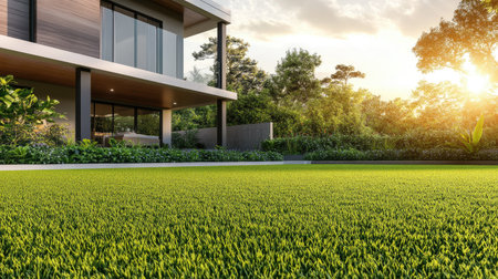 A stunning modern 3D exterior design featuring lush greenery and a well-maintained lawn. The serene atmosphere is enhanced by warm sunlight, creating an inviting space.の素材