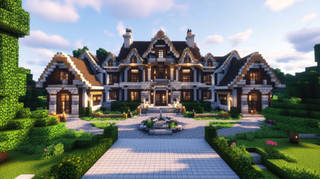 Explore this stunning luxury mansion depicted in vibrant 3D art. Set in a serene landscape, the design features intricate details and a spacious layout, perfect for visualization purposes.の素材
