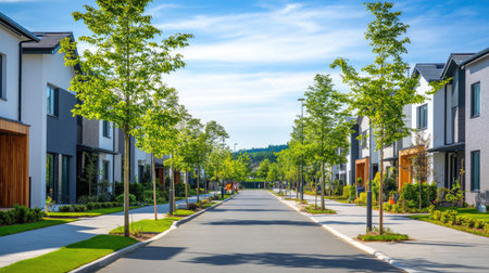 A scenic view of modern terraced homes lined with lush trees, showcasing sleek facades and inviting streets, perfect for contemporary urban living.の素材
