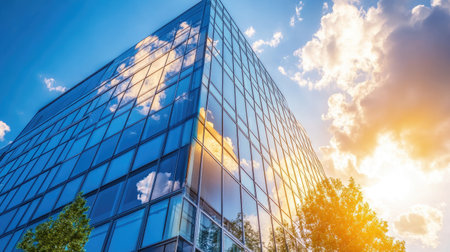A modern glass building reflecting puffy clouds and vibrant sky during sunset. The serene scene captures nature's beauty in an urban environment.の素材