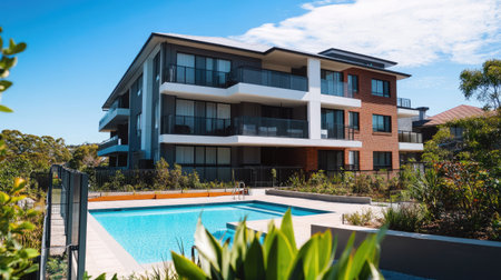 Explore the stunning exterior of a modern apartment house featuring sleek design and a refreshing swimming pool, surrounded by lush greenery. Enjoy a vibrant urban lifestyle.の素材