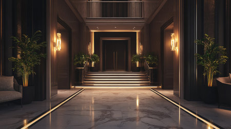 Explore a stunning upscale interior design featuring a grand staircase and modern lighting, set in a luxurious home environment filled with elegant decor.の素材