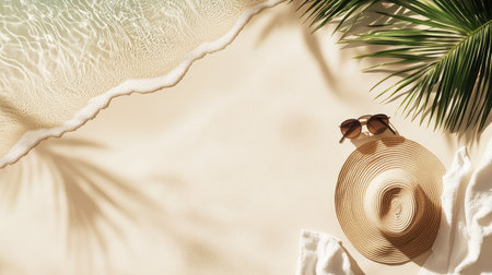 A serene beach scene featuring a stylish straw hat and sunglasses resting on soft sand. The gentle waves lap at the shore, creating a tranquil atmosphere perfect for relaxation.の素材