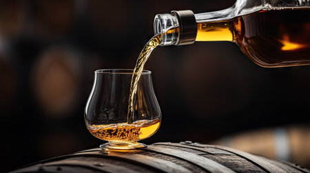 Explore the rich amber tones of whiskey as it is poured into a glass, capturing the essence of indulgence and craftsmanship in a warm setting.の素材