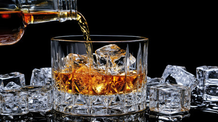 An elegant shot of crystal whiskey being poured over ice cubes, showcasing the rich amber color and luxurious textures, perfect for beverage enthusiasts.の素材