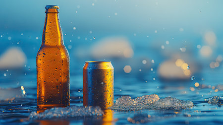 A delightful scene featuring a chilled beer bottle and can resting on ice-cold water, with condensation highlighting their refreshing appeal. Perfect for summer vibes.の素材