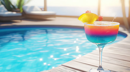 Enjoy a vibrant and refreshing margarita cocktail by the sunlit poolside, perfect for summer relaxation and leisure. Capture the essence of a tropical getaway!の素材
