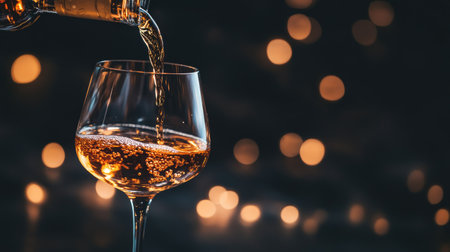 A warm and inviting image of brandy being poured into a crystal glass, set against a beautiful bokeh background that enhances the atmosphere of celebration and indulgence.の素材