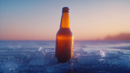 A solitary beer bottle stands in the waves at sunset, capturing the essence of summer relaxation. The golden hues and ocean droplets create a vibrant, refreshing scene.の素材