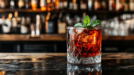 A delightful close-up of a green cocktail features a refreshing Negroni served in a stylish glass, garnished with fresh mint and ice, evoking a vibrant bar ambiance.の素材