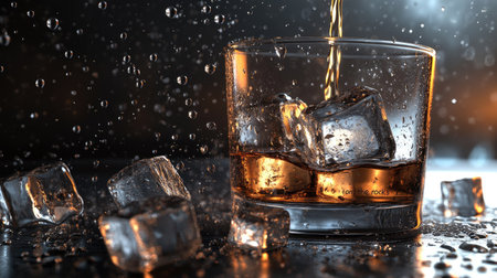 A close-up image of whiskey being poured over ice in a glass, showcasing droplets and splashes, perfect for capturing a refreshing drink vibe.の素材