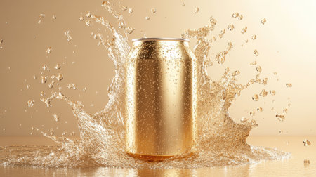 A stunning golden aluminum can surrounded by dynamic splashes of water, capturing the essence of refreshment and style in a minimalist setting.の素材