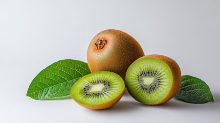 This image features fresh kiwi fruit with vibrant green leaves, isolated on a white background. Perfect for food photography, nutrition themes, and healthy eating concepts.の素材