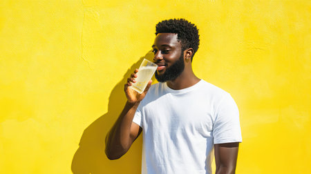 A young man dressed casually in a white shirt enjoys a refreshing drink by a vibrant yellow wall, showcasing a relaxed and joyful moment in a sunny setting.の素材