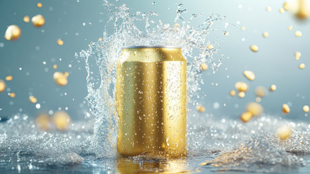 A striking golden aluminum can splashes in water, creating a vibrant and dynamic scene. Perfect for refreshing beverage promotions or summer celebrations.の素材