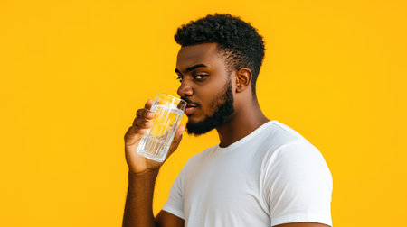 A young man in a white shirt takes a refreshing drink of water from a clear glass, set against a vibrant yellow background, highlighting hydration and health.の素材