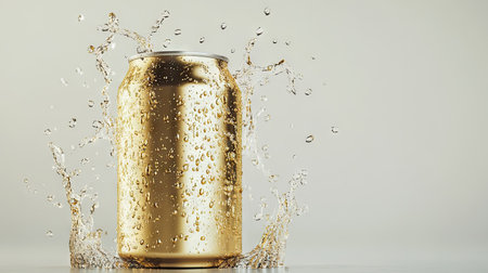 This image showcases a golden aluminum can surrounded by splashes of water, capturing a refreshing moment. Perfect for beverage-related themes and summer promotions.の素材