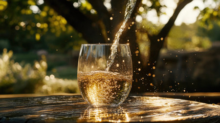A vibrant image capturing a glass being filled with refreshing mineral water, showcasing droplets and sunlight. This tranquil setting highlights nature's beauty and hydration.の素材