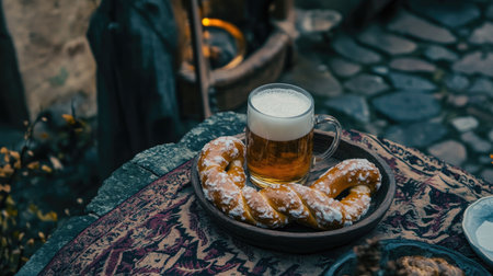 A cozy rustic setup featuring a frothy beer and soft pretzel loaves on a wooden table, perfect for celebrations or cozy gatherings, radiating warmth and comfort.の素材