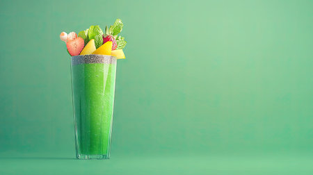 This captivating image showcases a vibrant green smoothie in a tall glass, beautifully garnished with fresh fruit and greenery. Perfect for health enthusiasts!の素材