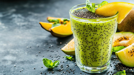 A vibrant green smoothie served in a tall glass, garnished with mint and fruit. Perfect refreshment for a healthy lifestyle, bursting with flavor.の素材
