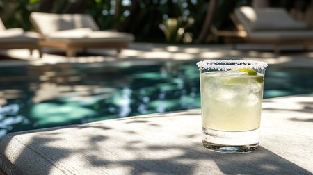 A delicious margarita cocktail served over ice, garnished with lime, perfect for enjoying poolside during warm summer days. Ideal for relaxation and leisure.の素材
