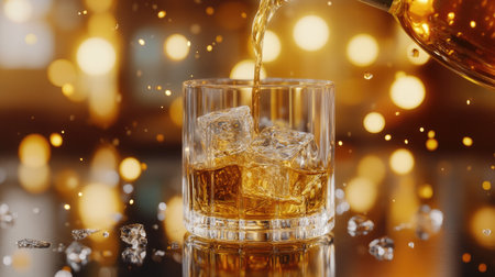 A stylish whiskey being poured over ice cubes in a glass, creating a refreshing drink. The warm, golden tones and bokeh background evoke a luxurious atmosphere, perfect for celebrating moments.の素材
