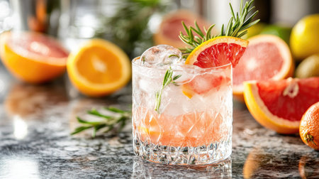 A beautifully arranged gin tonic cocktail with citrus fruits, garnished with rosemary. Perfect for summer parties or refreshing gatherings.の素材