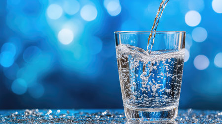 A captivating image of fresh water being poured into a clear glass, creating bubbles and splashes against a vibrant blue background, ideal for beverage concepts.の素材