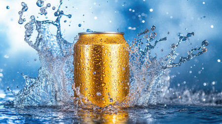 A stunning golden aluminum can stands prominently, surrounded by dynamic splashes of water, capturing the essence of refreshment and liveliness in a vibrant blue backdrop.の素材