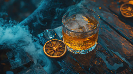 A beautifully crafted old-fashioned rum cocktail sits on a rustic wooden surface, enhanced by smoky effects and a dried citrus garnish, evoking a luxurious atmosphere.の素材