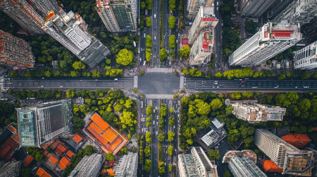 Captivating aerial view of the bustling Lujiazui area in Shanghai, showcasing a blend of towering skyscrapers, lush greenery, and vibrant city life.の素材