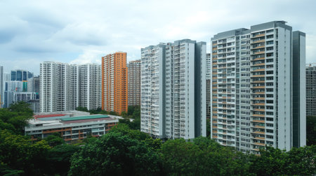 A vibrant view of a modern residential complex showcasing high-rise buildings surrounded by greenery, highlighting urban living and architectural design.の素材
