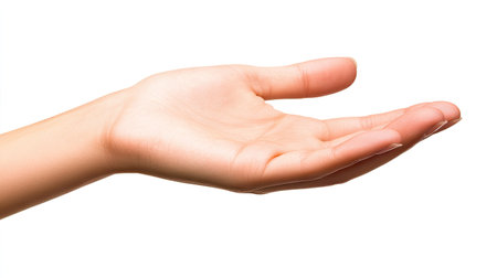 A elegantly outstretched woman's hand in a giving pose, symbolizing generosity and warmth. The isolated background emphasizes the gesture, perfect for conveying support and connection.の素材