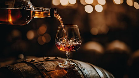 Experience the elegance of whiskey being poured into a stylish glass, set against a rich wooden barrel, perfect for refined gatherings and celebrations.の素材